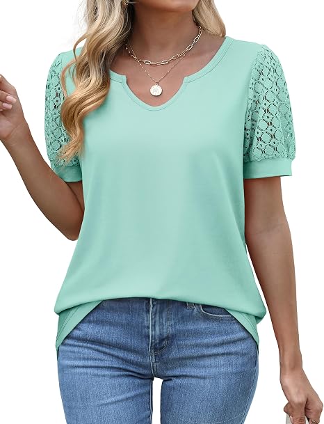 Womens Tshirts Notch Neck Tops Lace Short Sleeve Tops Dressy Casual Blouses Loose Fit