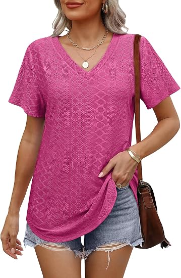 Womens T Shirts V Neck Short Sleeve Casual Tops Loose Fit Basic Tees with Curved Hem