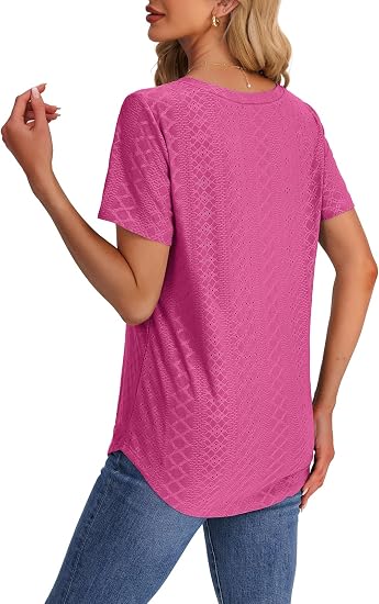 Womens T Shirts V Neck Short Sleeve Casual Tops Loose Fit Basic Tees with Curved Hem