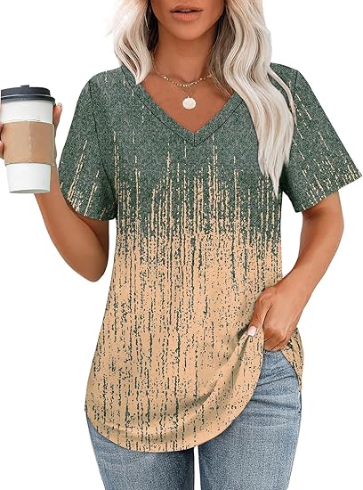 Womens T Shirts V Neck Short Sleeve Casual Tops Loose Fit Basic Tees with Curved Hem