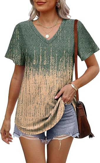 Womens T Shirts V Neck Short Sleeve Casual Tops Loose Fit Basic Tees with Curved Hem