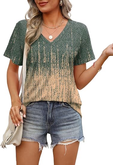Womens T Shirts V Neck Short Sleeve Casual Tops Loose Fit Basic Tees with Curved Hem