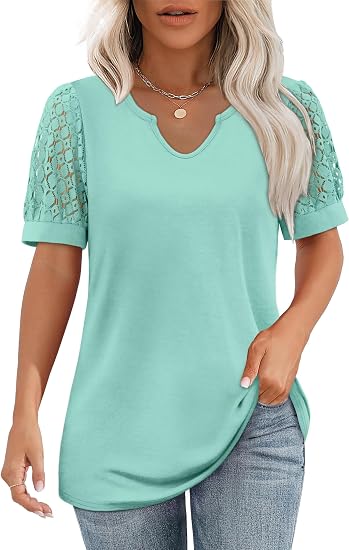 Womens Tshirts Notch Neck Tops Lace Short Sleeve Tops Dressy Casual Blouses Loose Fit