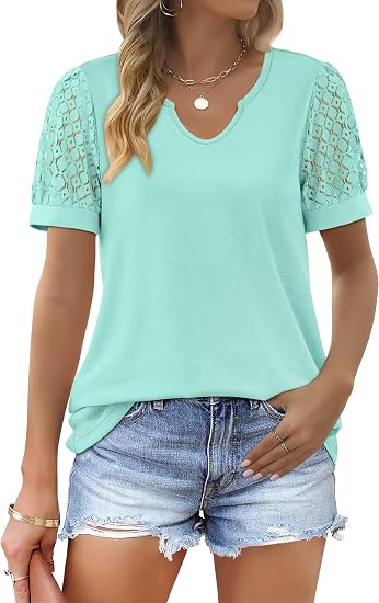 Womens Tshirts Notch Neck Tops Lace Short Sleeve Tops Dressy Casual Blouses Loose Fit
