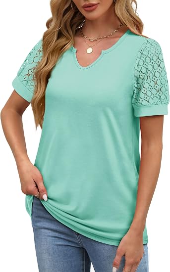 Womens Tshirts Notch Neck Tops Lace Short Sleeve Tops Dressy Casual Blouses Loose Fit