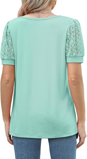Womens Tshirts Notch Neck Tops Lace Short Sleeve Tops Dressy Casual Blouses Loose Fit