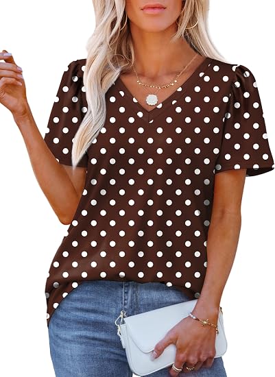 T Shirts for Women V Neck Dressy Casual Blouses Puff Short Sleeve Summer Tops Loose Fit