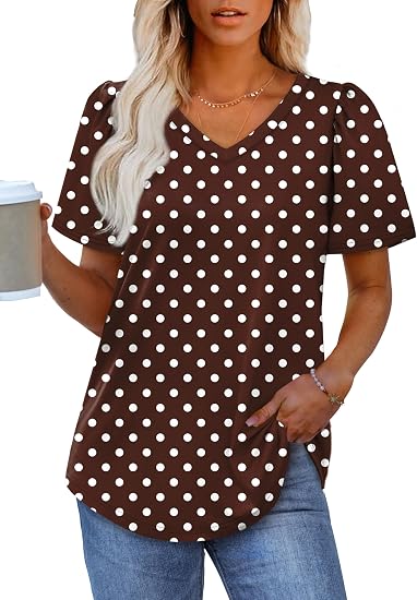 T Shirts for Women V Neck Dressy Casual Blouses Puff Short Sleeve Summer Tops Loose Fit