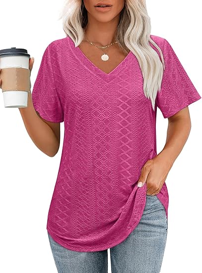 Womens T Shirts V Neck Short Sleeve Casual Tops Loose Fit Basic Tees with Curved Hem